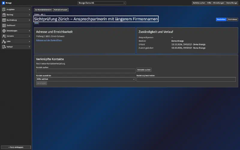 German-language Brango contact view showing a test address, assigned responsibility and links to other records.