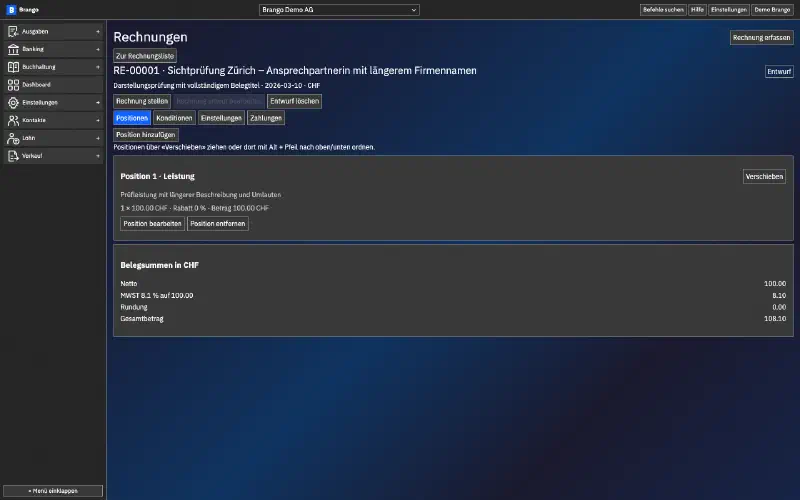 German-language invoice draft in Brango with test line items, VAT details and invoice totals.