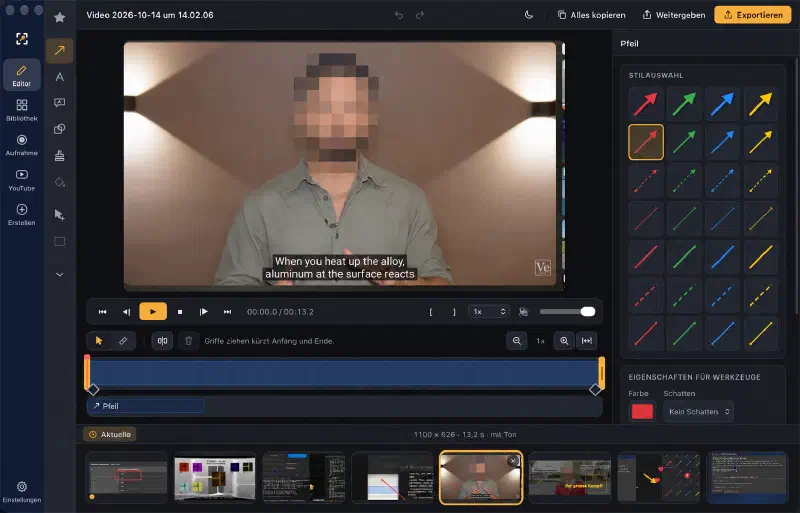 Dark-mode video editor with a timeline and annotation tools; people anonymised.