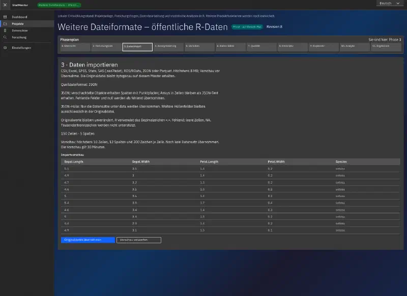 JSON import preview showing 150 iris observations, five variables, and accept and discard controls.