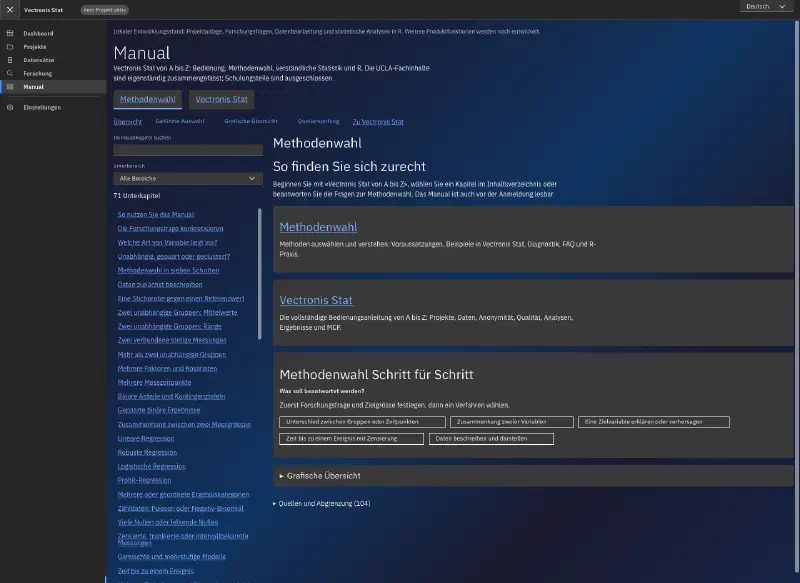 Vectronis Stat manual with chapter search, a method overview and questions guiding the choice of statistical procedure.