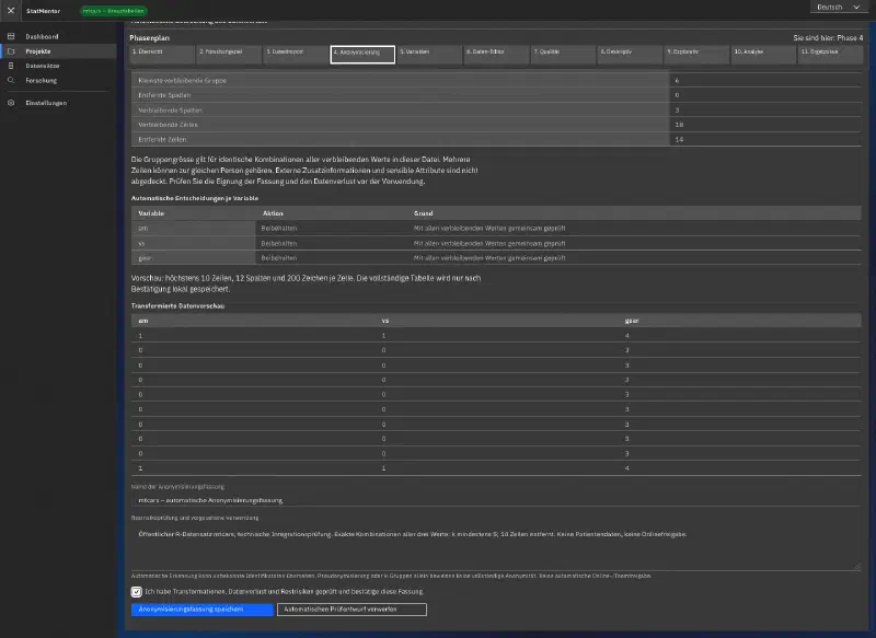 Anonymisation preview with variable decisions, transformed example data, data loss and explicit human confirmation.