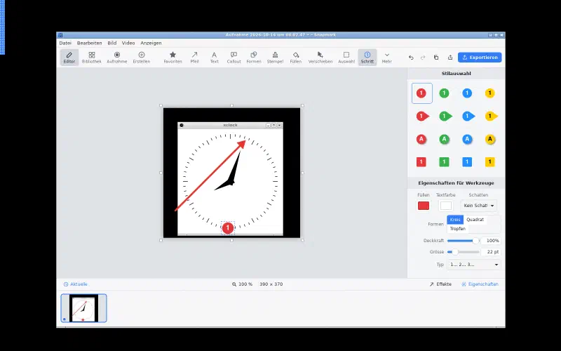 Image editor showing a captured clock window with a red arrow and a numbered step.