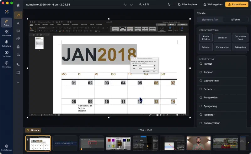 Vectronis Grab in dark mode: a captured Word calendar template in the image editor, with effects on the right and recent captures below.